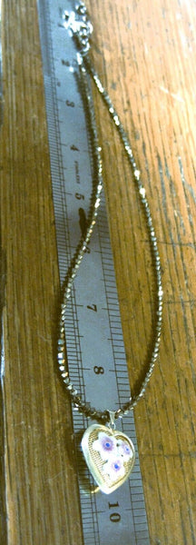 Vintage Sterling Silver Necklace Ceramic Inlaid on Mesh Hart w/ Resin 18" Chain