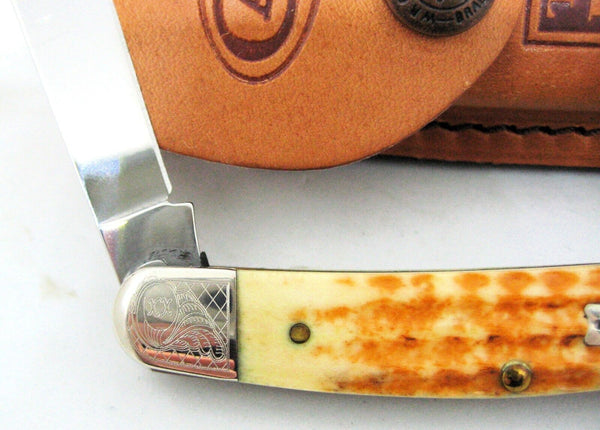 Cattaraugus NOS CASE XX Scrolled Ecypedia. Stockman 6347 Amber Bone  PocketKnife