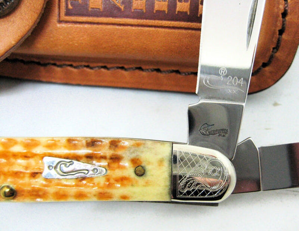 Cattaraugus NOS CASE XX Scrolled Ecypedia. Stockman 6347 Amber Bone  PocketKnife