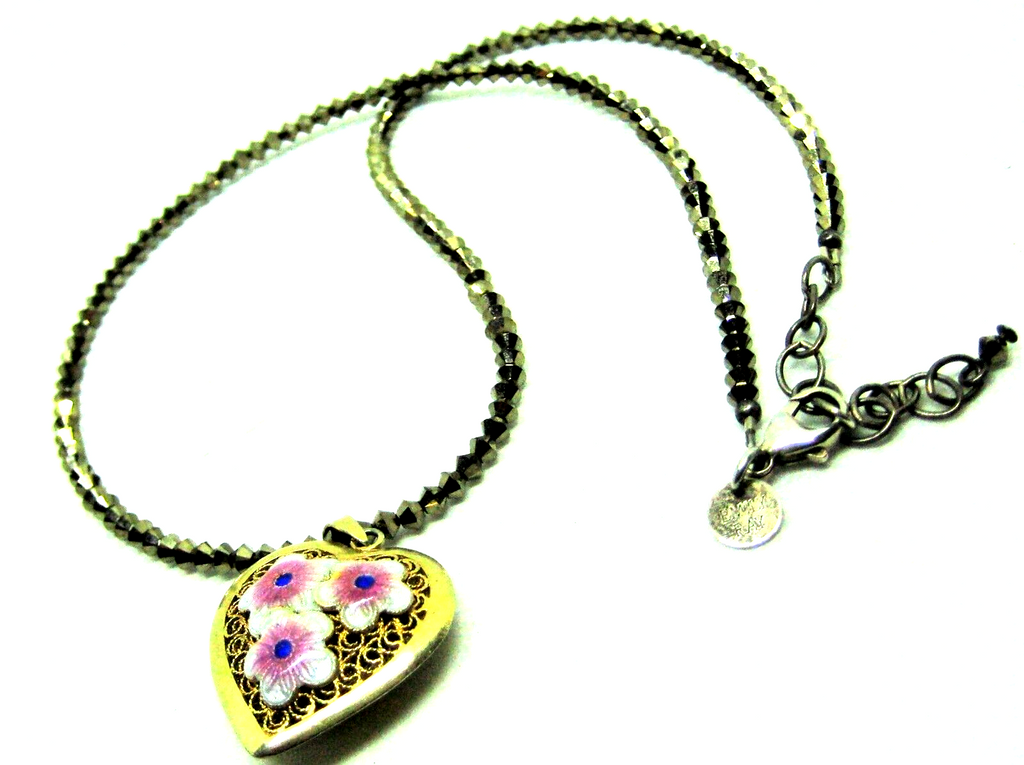 Vintage Sterling Silver Necklace Ceramic Inlaid on Mesh Hart w/ Resin 18" Chain