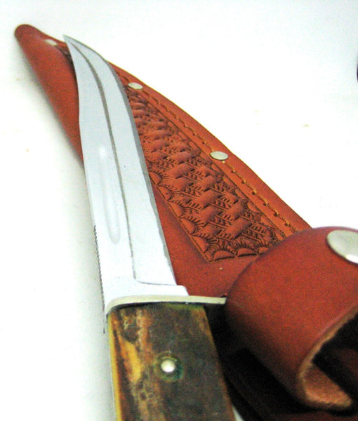 Vintage 1940s Case USA Stag 5” Chromed/saber Fixed Blade Knife w/ Leather Sheath