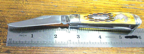 Rough Rider Pocket Knife Two Blade 440 SS Trout Logo Stag Bone Handle New