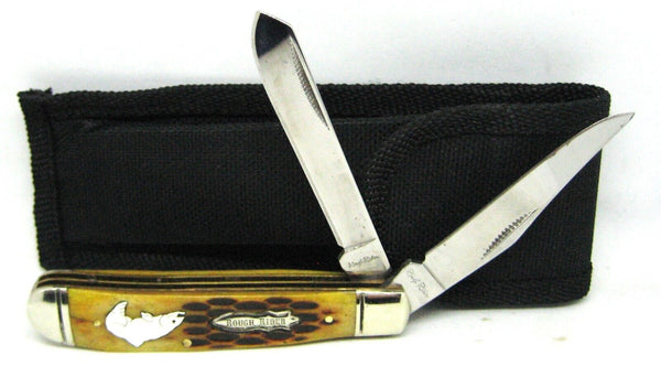 Rough Rider Pocket Knife Two Blade 440 SS Trout Logo Stag Bone Handle New