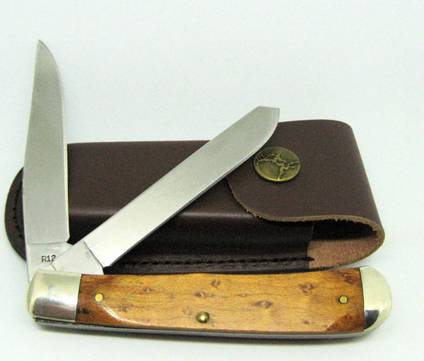 REMINGTON UMC MADE IN USA BIRDSEYE MAPLE RACING TRAPPER KNIFE R12 NICE (6315)