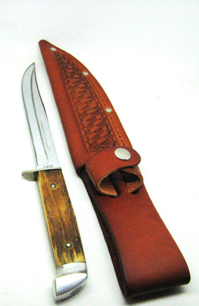 Vintage 1940s Case USA Stag 5” Chromed/saber Fixed Blade Knife w/ Leather Sheath