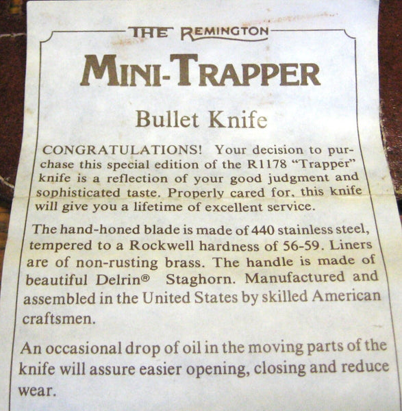 Vintage 1991 Remington UMC USA R1178 Mini Trapper Bullet Knife Mint w/Box&Paper