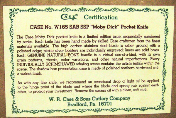 Case XX USA 1978 NOS W165 SS SAB Scrimshawed Bone Moby Dick Nantucket Ride Knife