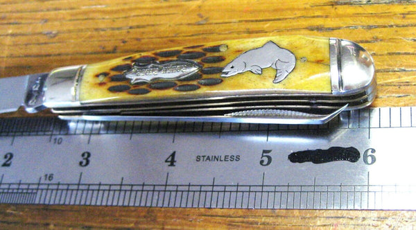 Rough Rider Pocket Knife Two Blade 440 SS Trout Logo Stag Bone Handle New