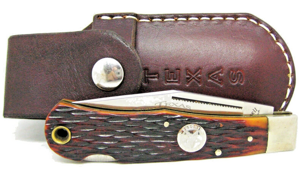 Rare A.G. RUSSELL USA Vintage 2001 TEXAS RANGERS Bone Folding Knife & Sheath