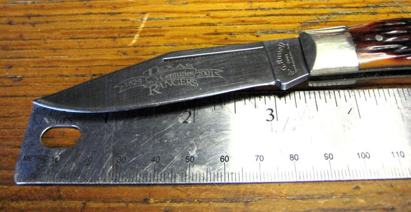 Rare A.G. RUSSELL USA Vintage 2001 TEXAS RANGERS Bone Folding Knife & Sheath