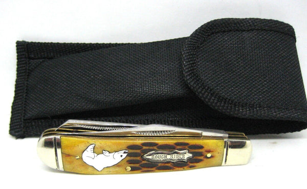 Rough Rider Pocket Knife Two Blade 440 SS Trout Logo Stag Bone Handle New