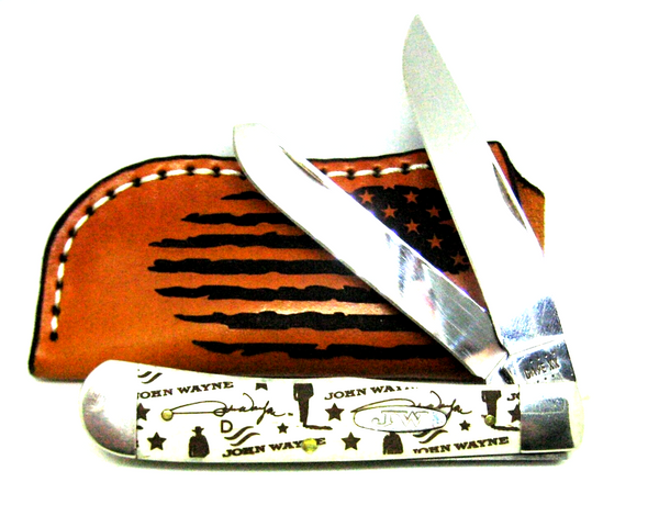 John Wayne Knife Case XX USA folding 10712 Natural Bone Smooth Trapper & sheath