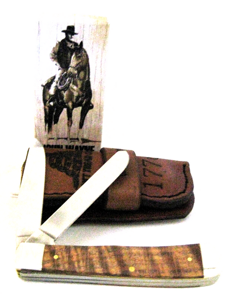 John Wayne Case Knife USA Natural Curly Oak 10703 Smooth Trapper Duke! & sheath