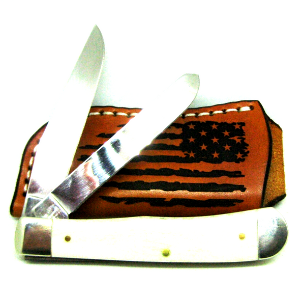 John Wayne Knife Case XX USA folding 10712 Natural Bone Smooth Trapper & sheath