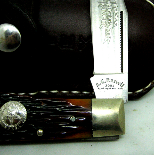 Rare A.G. RUSSELL USA Vintage 2001 TEXAS RANGERS Bone Folding Knife & Sheath
